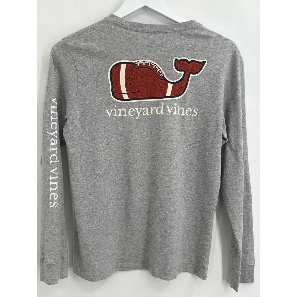 Vineyard Vines Boys Gray Football‎ Whale Long Sleeve Pocket T-Shirt Size L 16